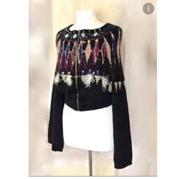 Free People Women Blue Black Embellished Bell Sleeve Full Zip Cardigan Size L - Picture 1 of 7